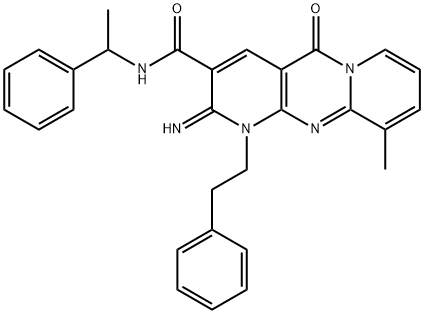 2-imino-10-methyl-5-oxo-N-(1-phenylethyl)-1-(2-phenylethyl)-1,5-dihydro-2H-dipyrido[1,2-a:2',3'-d]pyrimidine-3-carboxamide 구조식 이미지
