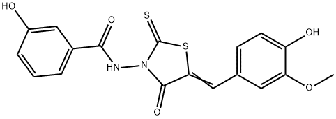 3-hydroxy-N-[(5Z)-5-(4-hydroxy-3-methoxybenzylidene)-4-oxo-2-thioxo-1,3-thiazolidin-3-yl]benzamide 구조식 이미지