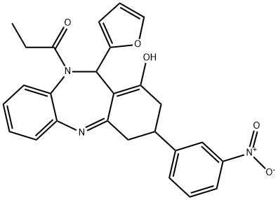 1-(11-(furan-2-yl)-1-hydroxy-3-(3-nitrophenyl)-3,4-dihydro-2H-dibenzo[b,e][1,4]diazepin-10(11H)-yl)propan-1-one Structure