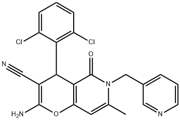 2-amino-4-(2,6-dichlorophenyl)-7-methyl-5-oxo-6-(pyridin-3-ylmethyl)-5,6-dihydro-4H-pyrano[3,2-c]pyridine-3-carbonitrile 구조식 이미지