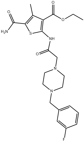 ethyl 5-carbamoyl-2-(2-(4-(3-fluorobenzyl)piperazin-1-yl)acetamido)-4-methylthiophene-3-carboxylate 구조식 이미지