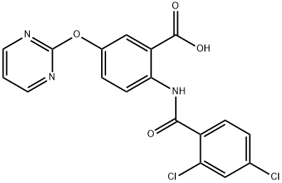 2-[(2,4-Dichlorobenzoyl)amino]-5-(2-pyrimidinyloxy)-benzoic acid hydrate 구조식 이미지