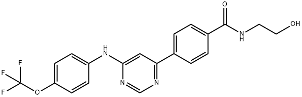 N-(2-hydroxyethyl)-4-(6-(4-(trifluoromethoxy)phenylamino)pyrimidin-4-yl)benzamide 구조식 이미지