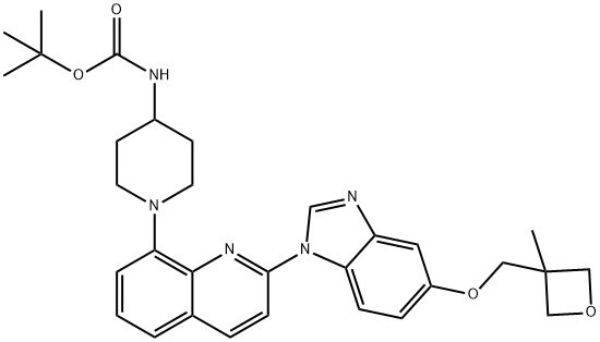 tert-butyl (1-(2-(5-((3-methyloxetan-3-yl)methoxy)-1H-benzo[d]imidazol-1-yl)quinolin-8-yl)piperidin-4-yl)carbamate Structure
