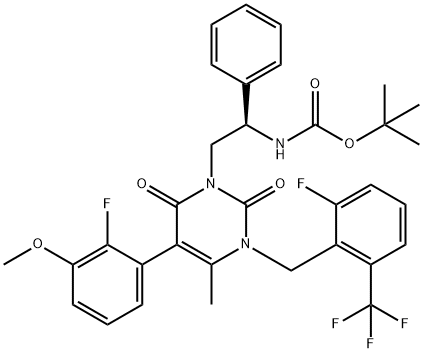 Carbamic acid, N-[(1R)-2-[5-(2-fluoro-3-methoxyphenyl)-3-[[2-fluoro-6-(trifluoromethyl)phenyl]methyl]-3,6-dihydro-4-methyl-2,6-dioxo-1(2H)-pyrimidinyl]-1-phenylethyl]-, 1,1-dimethylethyl ester 구조식 이미지
