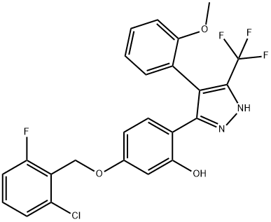 5-[(2-chloro-6-fluorobenzyl)oxy]-2-[4-(2-methoxyphenyl)-5-(trifluoromethyl)-1H-pyrazol-3-yl]phenol 구조식 이미지