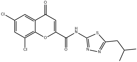 6,8-dichloro-N-(5-isobutyl-1,3,4-thiadiazol-2-yl)-4-oxo-4H-chromene-2-carboxamide 구조식 이미지