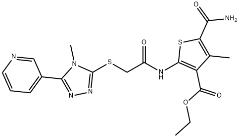 ethyl 5-carbamoyl-4-methyl-2-(2-((4-methyl-5-(pyridin-3-yl)-4H-1,2,4-triazol-3-yl)thio)acetamido)thiophene-3-carboxylate Structure