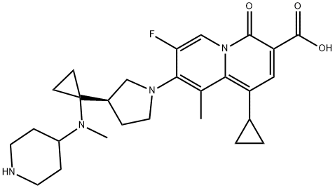 (R)-1-cyclopropyl-7-fluoro-9-methyl-8-[3-[1-(methyl-piperidin-4-yl-amino)-cyclopropyl]-pyrrolidin-1-yl]-4-oxo-4H-quinolizine-3-carboxylic acid 구조식 이미지