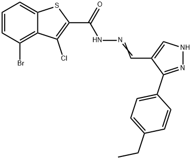 (E)-4-bromo-3-chloro-N'-((3-(4-ethylphenyl)-1H-pyrazol-4-yl)methylene)benzo[b]thiophene-2-carbohydrazide 구조식 이미지