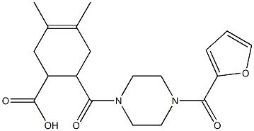 6-(4-(furan-2-carbonyl)piperazine-1-carbonyl)-3,4-dimethylcyclohex-3-enecarboxylic acid 구조식 이미지