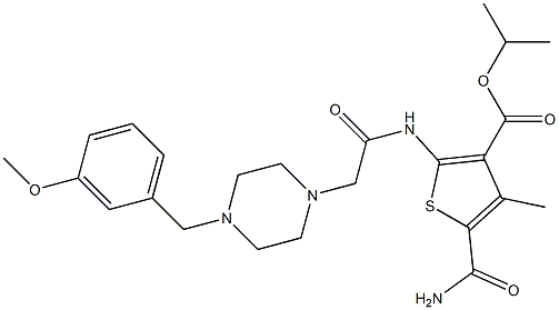 isopropyl 5-carbamoyl-2-(2-(4-(3-methoxybenzyl)piperazin-1-yl)acetamido)-4-methylthiophene-3-carboxylate 구조식 이미지