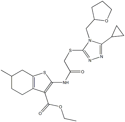 ethyl 2-(2-((5-cyclopropyl-4-((tetrahydrofuran-2-yl)methyl)-4H-1,2,4-triazol-3-yl)thio)acetamido)-6-methyl-4,5,6,7-tetrahydrobenzo[b]thiophene-3-carboxylate 구조식 이미지