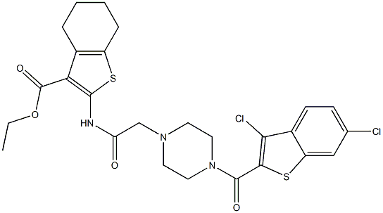 ethyl 2-(2-(4-(3,6-dichlorobenzo[b]thiophene-2-carbonyl)piperazin-1-yl)acetamido)-4,5,6,7-tetrahydrobenzo[b]thiophene-3-carboxylate Structure