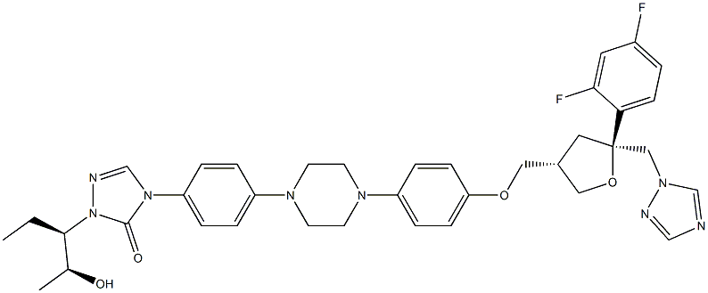 4-(4-(4-(4-(((3S,5S)-5-((1H-1,2,4-triazol-1-yl)methyl)-5-(2,4-difluorophenyl)tetrahydrofuran-3-yl)methoxy)phenyl)piperazin-1-yl)phenyl)-1-((2S,3R)-2-hydroxypentan-3-yl)-1H-1,2,4-triazol-5(4H)-one Structure