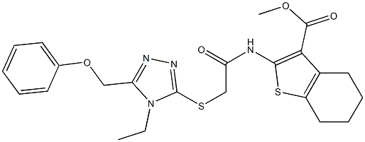 methyl 2-(2-((4-ethyl-5-(phenoxymethyl)-4H-1,2,4-triazol-3-yl)thio)acetamido)-4,5,6,7-tetrahydrobenzo[b]thiophene-3-carboxylate 구조식 이미지