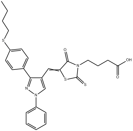 4-[(5Z)-5-({3-[4-(butylsulfanyl)phenyl]-1-phenyl-1H-pyrazol-4-yl}methylidene)-4-oxo-2-thioxo-1,3-thiazolidin-3-yl]butanoic acid 구조식 이미지