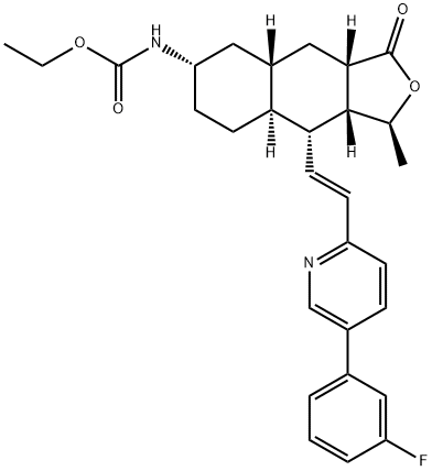 ethyl ((1S,3aS,4aS,6S,8aS,9R,9aR)-9-((E)-2-(5-(3-fluorophenyl)pyridin-2-yl)vinyl)-1-methyl-3-oxododecahydronaphtho[2,3-c]furan-6-yl)carbamate Structure