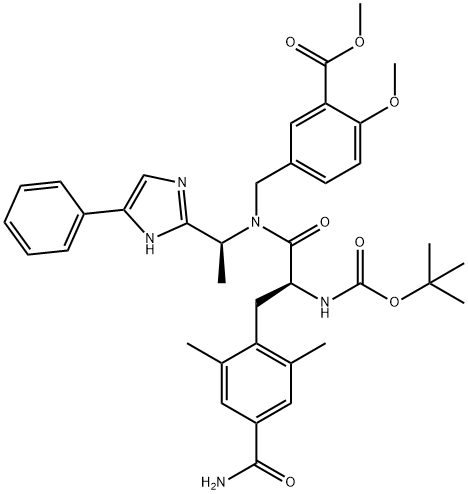 Benzoic acid, 5-[[[(2S)-3-[4-(aminocarbonyl)-2,6-dimethylphenyl]-2-[[(1,1-dimethylethoxy)carbonyl]amino]-1-oxopropyl][(1S)-1-(5-phenyl-1H-imidazol-2-yl)ethyl]amino]methyl]-2-methoxy-, methyl ester 구조식 이미지