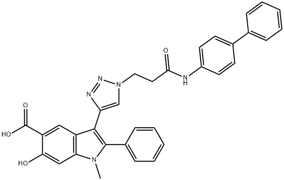 3-(1-(3-([1,1'-biphenyl]-4-ylamino)-3-oxopropyl)-1H-1,2,3-triazol-4-yl)-6-hydroxy-1-methyl-2-phenyl-1H-indole-5-carboxylic acid 구조식 이미지