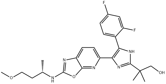 (S)-2-(5-(2,4-difluorophenyl)-4-(2-((4-methoxybutan-2-yl)amino)oxazolo[5,4-b]pyridin-5-yl)-1H-imidazol-2-yl)-2-methylpropan-1-ol 구조식 이미지