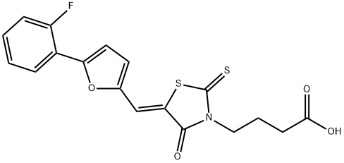 4-{5-[5-(2-Fluoro-phenyl)-furan-2-ylmethylene]-4-oxo-2-thioxo-thiazolidin-3-yl}-butyric acid 구조식 이미지