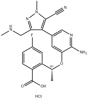 (R)-2-(1-((2-amino-5-(5-cyano-1-methyl-3-((methylamino)methyl)-1H-pyrazol-4-yl)pyridin-3-yl)oxy)ethyl)-4-fluorobenzoicacid Structure