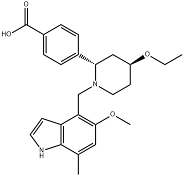 4-((2S,4S)-4-ethoxy-1-((5-methoxy-7-methyl-1H-indol-4-yl)methyl)piperidin-2-yl)benzoicacid Structure