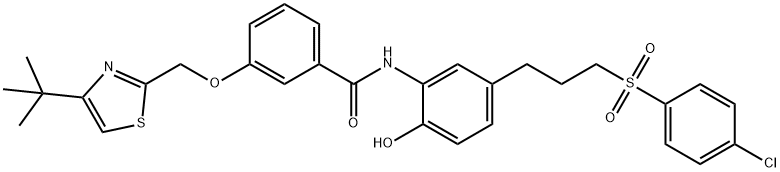 3-((4-(tert-butyl)thiazol-2-yl)methoxy)-N-(5-(3-((4-chlorophenyl)sulfonyl)propyl)-2-hydroxyphenyl)benzamide(WXG00791) 구조식 이미지
