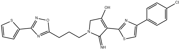 4-(4-(4-chlorophenyl)thiazol-2-yl)-5-imino-1-(3-(3-(thiophen-2-yl)-1,2,4-oxadiazol-5-yl)propyl)-2,5-dihydro-1H-pyrrol-3-ol 구조식 이미지