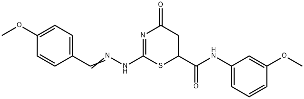 2-[(2E)-2-(4-methoxybenzylidene)hydrazinyl]-N-(3-methoxyphenyl)-4-oxo-5,6-dihydro-4H-1,3-thiazine-6-carboxamide 구조식 이미지