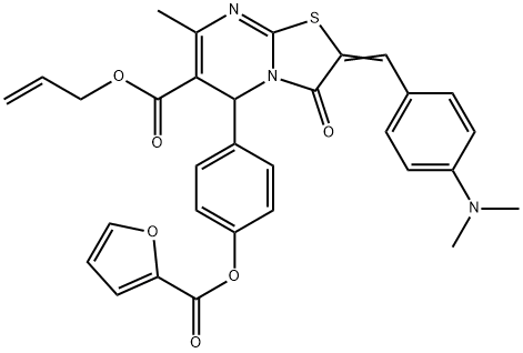 (Z)-allyl 2-(4-(dimethylamino)benzylidene)-5-(4-((furan-2-carbonyl)oxy)phenyl)-7-methyl-3-oxo-3,5-dihydro-2H-thiazolo[3,2-a]pyrimidine-6-carboxylate 구조식 이미지