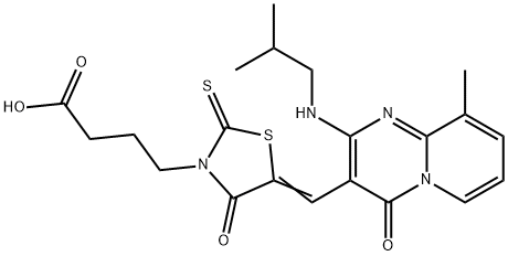 4-[(5Z)-5-({9-methyl-2-[(2-methylpropyl)amino]-4-oxo-4H-pyrido[1,2-a]pyrimidin-3-yl}methylidene)-4-oxo-2-thioxo-1,3-thiazolidin-3-yl]butanoic acid 구조식 이미지