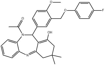 1-(11-(3-((4-fluorophenoxy)methyl)-4-methoxyphenyl)-1-hydroxy-3,3-dimethyl-3,4-dihydro-2H-dibenzo[b,e][1,4]diazepin-10(11H)-yl)ethanone 구조식 이미지
