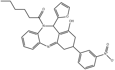 1-(11-(furan-2-yl)-1-hydroxy-3-(3-nitrophenyl)-3,4-dihydro-2H-dibenzo[b,e][1,4]diazepin-10(11H)-yl)hexan-1-one 구조식 이미지