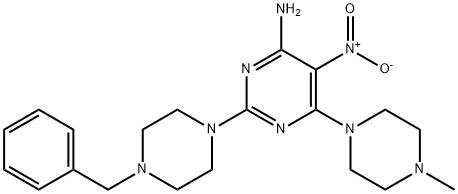 2-(4-benzyl-1-piperazinyl)-6-(4-methyl-1-piperazinyl)-5-nitro-4-pyrimidinylamine 구조식 이미지