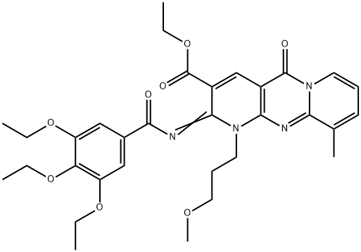 (Z)-ethyl 1-(3-methoxypropyl)-10-methyl-5-oxo-2-((3,4,5-triethoxybenzoyl)imino)-2,5-dihydro-1H-dipyrido[1,2-a:2',3'-d]pyrimidine-3-carboxylate 구조식 이미지