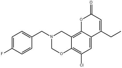 6-chloro-4-ethyl-9-(4-fluorobenzyl)-9,10-dihydro-2H,8H-chromeno[8,7-e][1,3]oxazin-2-one 구조식 이미지