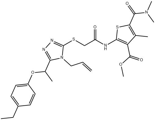 methyl 2-(2-((4-allyl-5-(1-(4-ethylphenoxy)ethyl)-4H-1,2,4-triazol-3-yl)thio)acetamido)-5-(dimethylcarbamoyl)-4-methylthiophene-3-carboxylate 구조식 이미지