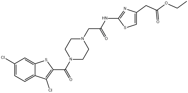 ethyl 2-(2-(2-(4-(3,6-dichlorobenzo[b]thiophene-2-carbonyl)piperazin-1-yl)acetamido)thiazol-4-yl)acetate Structure
