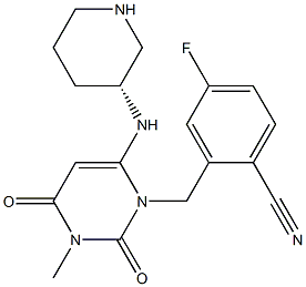 (R)-4-fluoro-2-((3-methyl-2,4-dioxo-6-(piperidin-3-ylamino)-3,4-dihydropyrimidin-1(2H)-yl)methyl)benzonitrile 구조식 이미지