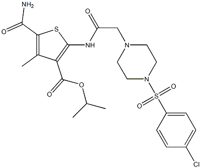 isopropyl 5-carbamoyl-2-(2-(4-((4-chlorophenyl)sulfonyl)piperazin-1-yl)acetamido)-4-methylthiophene-3-carboxylate 구조식 이미지