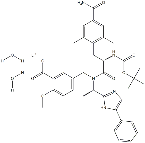lithium 5-(((S)-2-((tert-butoxycarbonyl)amino)-3-(4-carbamoyl-2,6-dimethylphenyl)-N-((S)-1-(5-phenyl-1H-imidazol-2-yl)ethyl)propanamido)methyl)-2-methoxybenzoate dihydrate Structure