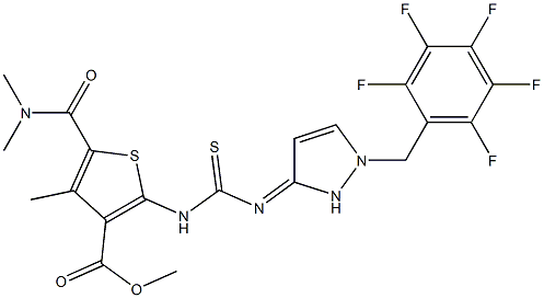 methyl 5-(dimethylcarbamoyl)-4-methyl-2-(3-(1-((perfluorophenyl)methyl)-1H-pyrazol-3(2H)-ylidene)thioureido)thiophene-3-carboxylate 구조식 이미지