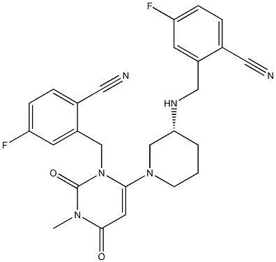 (R)-2-(((1-(3-(2-cyano-5-fluorobenzyl)-1-methyl-2,6-dioxo-1,2,3,6-tetrahydropyrimidin-4-yl)piperidin-3-yl)amino)methyl)-4-fluorobenzonitrile 구조식 이미지