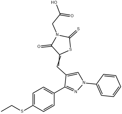 [(5Z)-5-({3-[4-(ethylsulfanyl)phenyl]-1-phenyl-1H-pyrazol-4-yl}methylidene)-4-oxo-2-thioxo-1,3-thiazolidin-3-yl]acetic acid 구조식 이미지