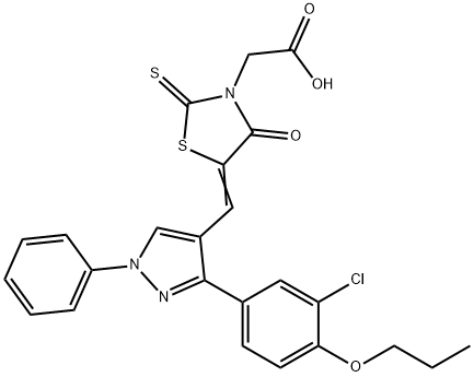 [(5Z)-5-{[3-(3-chloro-4-propoxyphenyl)-1-phenyl-1H-pyrazol-4-yl]methylidene}-4-oxo-2-thioxo-1,3-thiazolidin-3-yl]acetic acid Structure