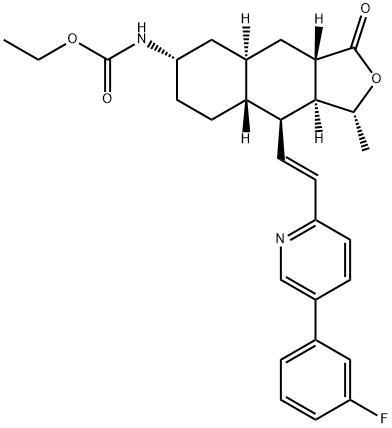 ethyl ((1R,3aS,4aR,6S,8aR,9S,9aS)-9-((E)-2-(5-(3-fluorophenyl)pyridin-2-yl)vinyl)-1-methyl-3-oxododecahydronaphtho[2,3-c]furan-6-yl)carbamate Structure