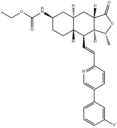 ethyl ((1R,3aS,4aR,6R,8aR,9S,9aS)-9-((E)-2-(5-(3-fluorophenyl)pyridin-2-yl)vinyl)-1-methyl-3-oxododecahydronaphtho[2,3-c]furan-6-yl)carbamate Structure