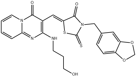 3-{[3-(1,3-benzodioxol-5-ylmethyl)-4-oxo-2-thioxo-1,3-thiazolidin-5-ylidene]methyl}-2-[(3-hydroxypropyl)amino]-4H-pyrido[1,2-a]pyrimidin-4-one 구조식 이미지